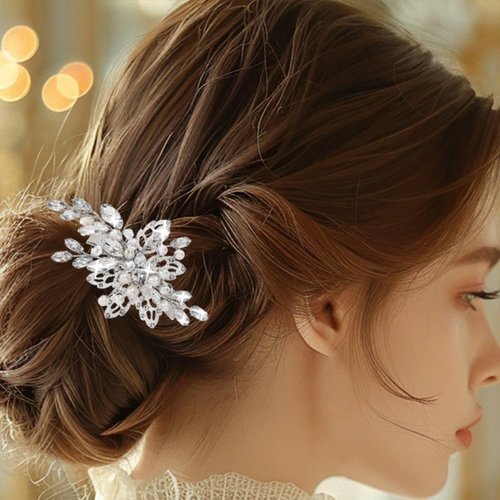 CASDRE Rhinestone Wedding Hair Clip Sparkly Crystal Bridal Hair Barrette Leaf Hair Piece Hair Accessories for Women and Brides (A Silver)