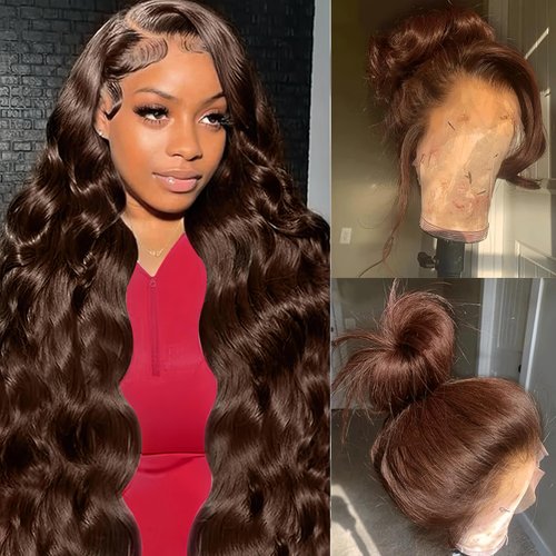 YUPEWG 360 Chocolate Brown Body Wave Lace Front Wigs Human Hair 200 Density HD Lace Front Wigs Human Hair 360 Wig Human Hair Full Lace for Women Glueless 24 Inch