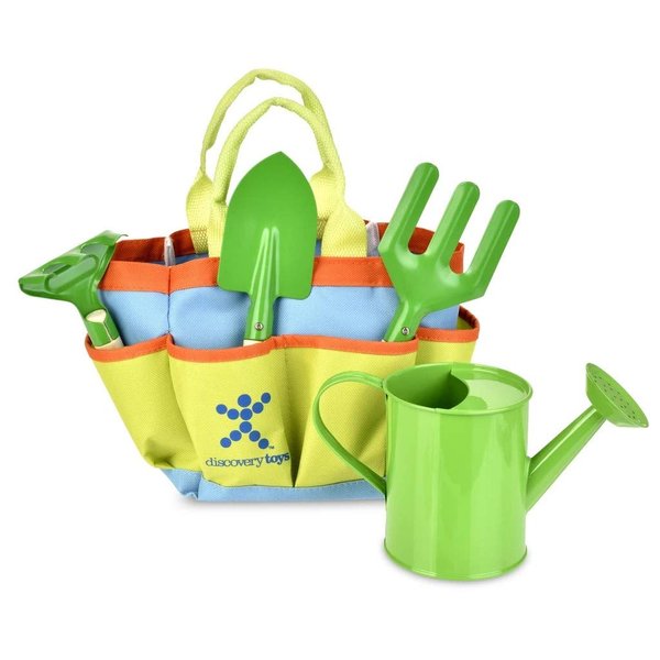 Discovery Toys Kids Garden Tool Set– 5 Piece Kid-Sized Real Metal Tools with Wood Handles - Watering Can, Tote, Spade, Fork, Rake – Summer Toy Gift 4 Years and Up