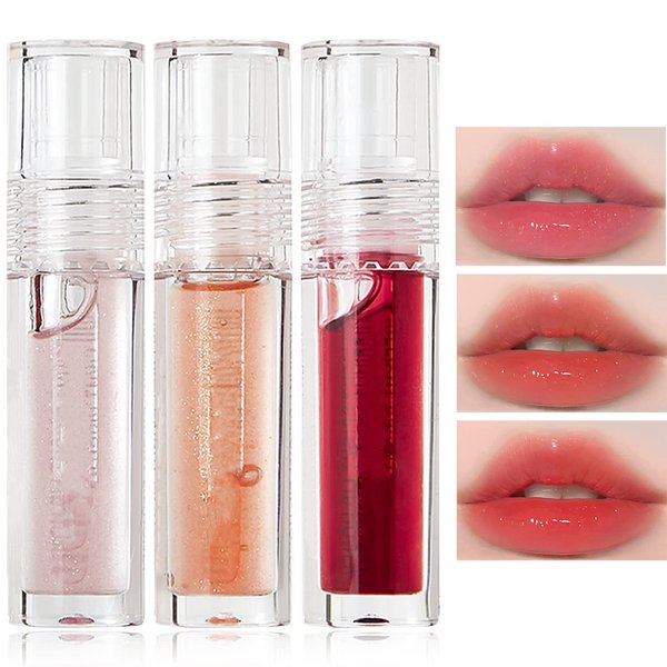 3 Pcs Lip Gloss Moisturizing Lip Oil Set,Plumping Lip Glow Oil Shimmer Lipgloss Tinted Lip Balm Clear Liquid Lipstick Set Long Lasting Hydrating Lip Tint
