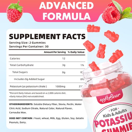 softbear Potassium Citrate 1000mg Gummies – Suagr Free Potassium Gummies for Muscle Support & Electrolyte Balance – Potassium Supplement for Women & Adults, Vegan, Raspberry Flavor (60 Count)