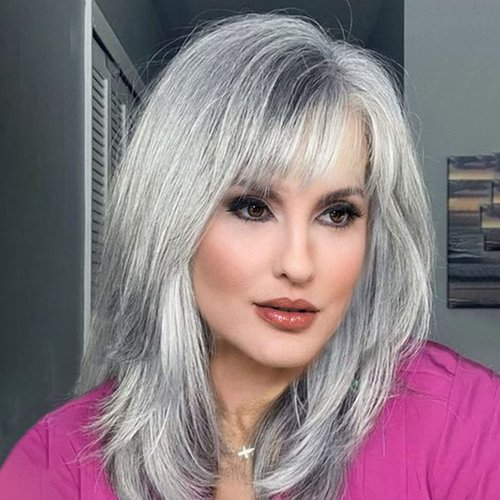 CINHOO Ombre Silver Gray Wig for White Women Long Curly Bob Wigs with Bangs,Layered Grey Hair Wigs for Women with Silver Highlight Salt and Pepper Wigs for Women Synthetic Ash Silver Wig (Gray)