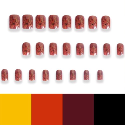 Tyuimhx Fall Maple Leaf Press on Nails Short Square Fake Nails With Chrome Designs Thanksgiving False Nails Full Cover Stick on Nails Acrylic Autumn Maple Leaves Artificial Nails for Women 24 Pcs