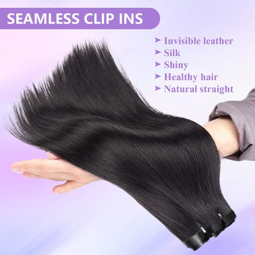Goulus Seamless Clip in Hair Extensions Real Human Hair Clip Ins Straight 120g 8pcs Invisible PU Skin Weft Clip in Hair Extensions Brazilian Human Hair Extension for Women (16inch,Natural Black)