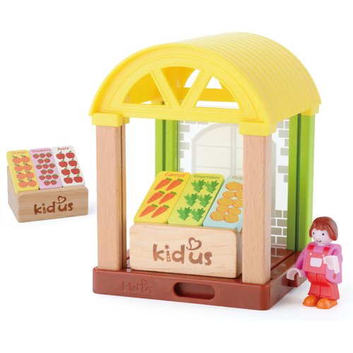 KIDBEST Wooden Dollhouse Set, Market Stand Themed Sets, Dollhouse Accessories Pretend Play Furniture Toys for Kids Ages 3+