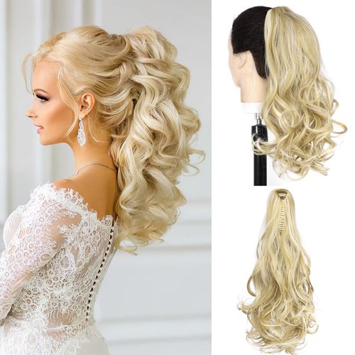 Ponytail Hair Extensions, 16Inches Long Wavy Claws Ponytail Extension Drawstring Ponytail Two Types Ponytail for Women Girls (Ash Golden Blonde Mix Bleach Blonde)
