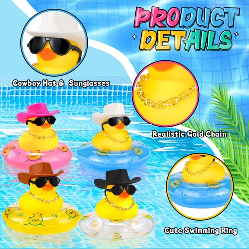 Sosation Cowboy Rubber Duck Bulk Mini Car Yellow Duckies Bath Toys Party Favor with Mini Hat Swim Circle Necklace Sunglasses Car Ornaments for Summer Birthday Swimming Supplies(12 P, Novel Style)