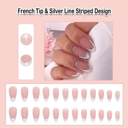 ANDGING French Tip Press on Nails Almond White Short Medium Fake Nails Gel Glue on Nails with Silver Line Striped Design Acrylic False Nails for Wedding 24Pcs Manicure Stick on Nail with Glue AJ58PO