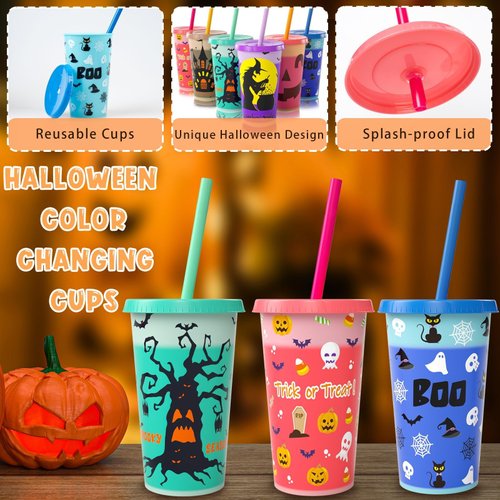 OOINQQ Halloween Color Changing Cups for Kids - 6pcs 12Oz Plastic Tumbler with Lid and Straw in 6 Colors for Coffee Tea Cold Drinks Halloween Party Favors Supplies