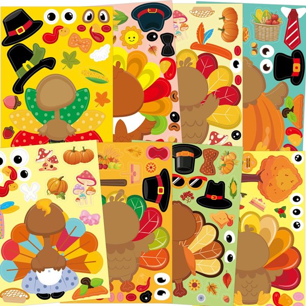 48 Pcs Turkey Stickers Make Your Own Turkey Sticker Sheets Thanksgiving Stickers for Kids Home Classroom Party Favor Art Craft School Rewards