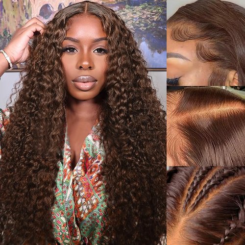 Chocolate Brown Lace Front Wigs Human Hair 13x4 HD Transparent Water Wave Lace Front Wigs Human Hair Pre Plucked with Baby Hair 180% Density Wet and Wavy Colored Curly Lace Frontal Wigs for Women