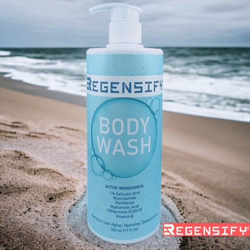 REGENSIFY Red Acne Body Wash 500 ml (17 FL Oz) Anti Aging & Hydrating [1% Salicylic Acid, Niacinamide, Panthenol, Hyaluronic Acid, Coenzyme Q10 & Vitamin E]