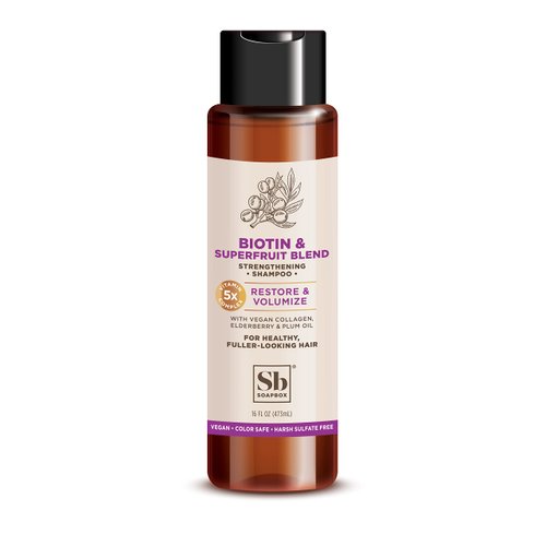 SoapBox Soap Shampoo, Volumizing Shampoo with Biotin and Superfruit Blend, 16oz - Vegan, Color Safe, Sulfate & Silicone Free Hair Cleanser with Elderberry and Plum Oil Healthy, Fuller Looking Hair - Men & Women's Restoring & Volumizing Shampoo