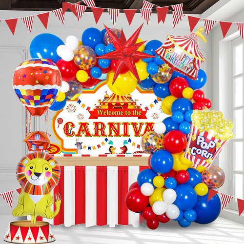 Carnival Red Blue Yellow Balloon garland kit Primary Color and Lion & Popcorn & Hot Air Balloon Rainbow Confetti Balloons for Circus Theme birthday Party Decorations