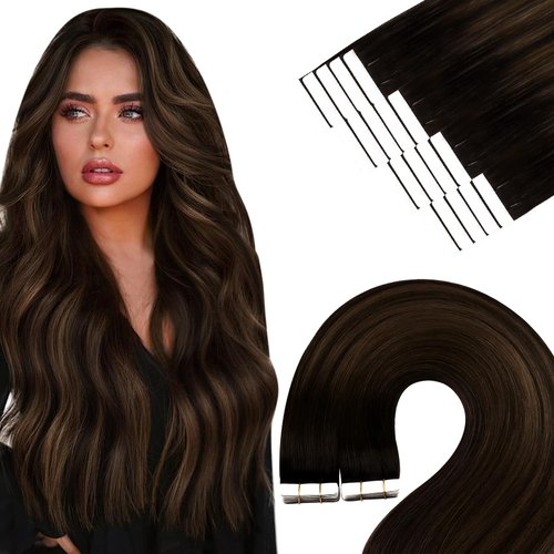 YoungSee Tape in Extensions Human Hair Balayage Brown Tape in Hair Extensions Human Hair Dark Brown with Medium Brown Tape in Real Hair Extensions Ombre 16 Inch 20pcs 50g Tape on Hair Extensions Soft