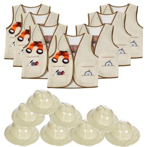 Tigerdoe Pith Helmets - 8 Safari Vest &amp; 8 Hats for Kids - Jungle Party Supplies - Safari Party Fa...