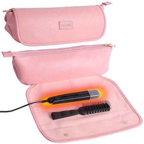Hair Tools Travel Bag and Heat Resistant Mat for Flat Irons,Heat Resistant Hair Travel Bag for Curling Iron,Curling Iron, and Haircare Accessories,Hanging Travel Hair Tools Bag with Heat Resist (Pink)