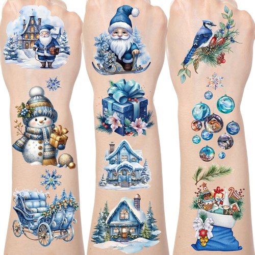 Lovarywow Christmas Temporary Tattoos Stickers - 200+ Christmas Fake Tattoos for Kids Blue Christmas Party Decorations Santa Claus Snowman Temporary Tattoo Gifts Winter Xmas Party Favors Supplies