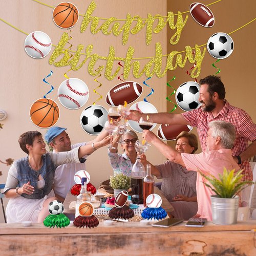 Sports Birthday Party Decorations, Sports Themed Party Decorations Include Happy Birthday Banner Sports Hanging Swirls and Honeycomb Centerpiece Sports Party Supplies