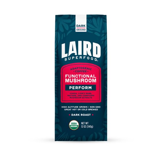 Laird Superfood Peruvian Dark Roast Coffee with Functional Mushrooms, Certified Organic Peruvian Ground Coffee Beans, Gluten-Free, Dairy-Free, Non-GMO, Paleo, Keto Friendly, 12 oz. Bag