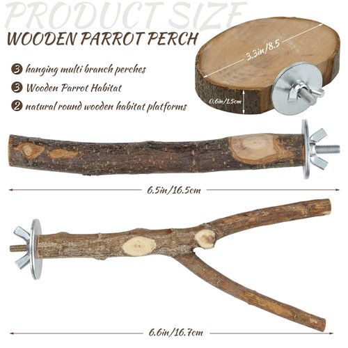 CZWESTC 8 Pieces Natural Wood Bird Perch Wooden Parrot Perch Stand Fork Toys Hanging Multi-Branch Perch Platform Hammock Swing Toy for Macaws, Small Parakeets, Conures, Budgies, Finches