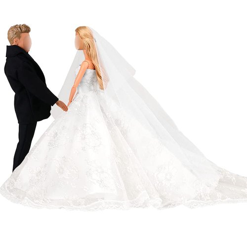BARWA Wedding Set White Wedding Dress with Veil and Formal Suit Outfit for Boy & Girl Dolls