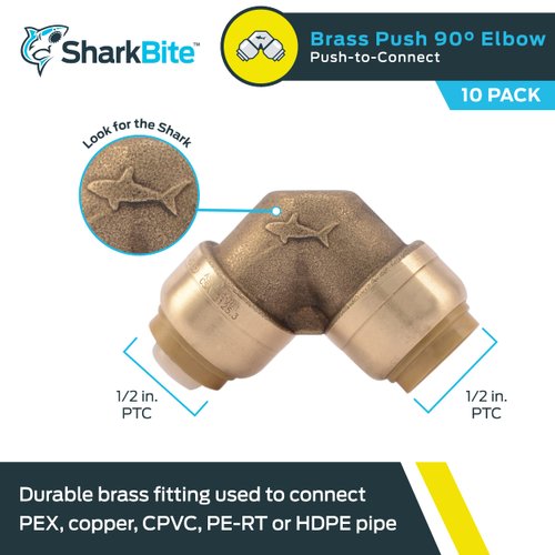 SharkBite 1/2 Inch 90 Degree Elbow, Pack of 10, Push to Connect Brass Plumbing Fitting, PEX Pipe, Copper, CPVC, PE-RT, HDPE, U248LFCP