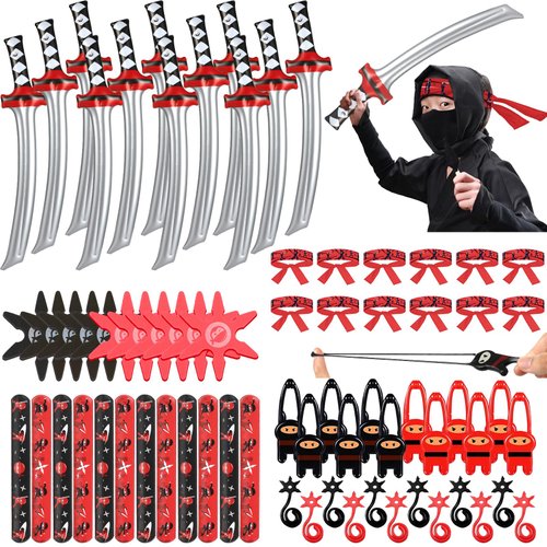 Jacyan 72Pcs Karate Party Favors Include Inflatable Sword Headbands Karate Party Decorations Karate Slap Bracelets Costume Accessories Gift Set for Birthday Supplies