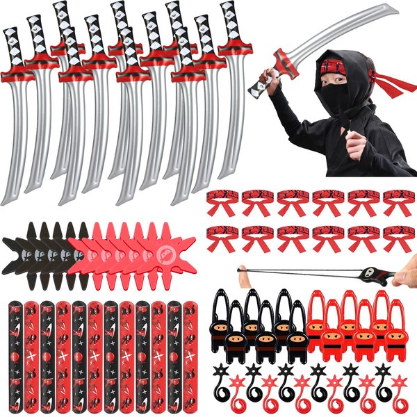 Jacyan 72Pcs Karate Party Favors Include Inflatable Sword Headbands Karate Party Decorations Karate Slap Bracelets Costume Accessories Gift Set for Birthday Supplies