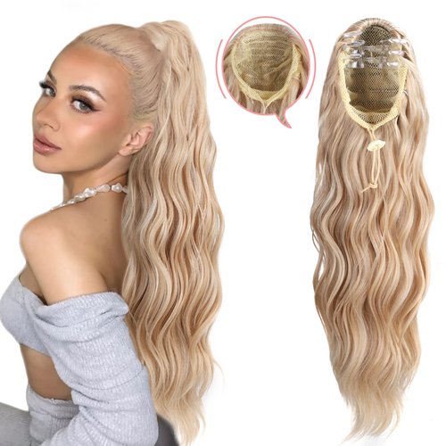 YIBANG Ponytail Extensions Claw Clip Curly Wavy Ponytail Extension Blonde Highlights 20 Inch Long Wave Drawstring Ponytail Hairpiece Organique Synthetic Body Curled Pony Tail for Women Girls(5.82OZ)