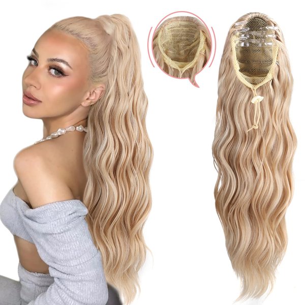 YIBANG Ponytail Extensions Claw Clip Curly Wavy Ponytail Extension Blonde Highlights 20 Inch Long Wave Drawstring Ponytail Hairpiece Organique Synthetic Body Curled Pony Tail for Women Girls(5.82OZ)