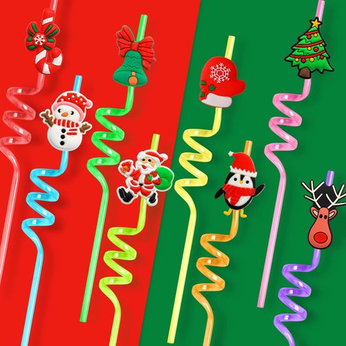 24 PCS Christmas Party Favors Drinking Straws Reusable Xmas Plastic Straw with Cartoon Decoration for Kids Christmas Party Supplies for New Year, Christmas, Birthday Party, 8 Styles