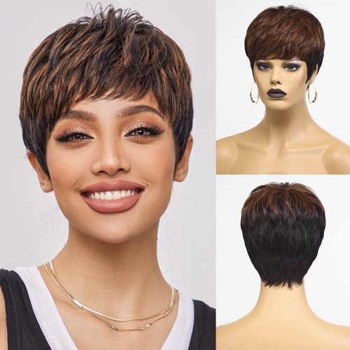 HAIRCUBE Pixie Cut Wigs Black mix Brown for Women Pixie Cut Human Hair Wigs Short Remy Hair Black with Brown Color Short Black Layered Wavy Wigs (pixie cut wig, black with brown)