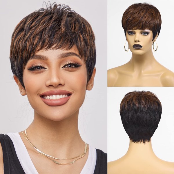 HAIRCUBE Pixie Cut Wigs Black mix Brown for Women Pixie Cut Human Hair Wigs Short Remy Hair Black with Brown Color Short Black Layered Wavy Wigs (pixie cut wig, black with brown)