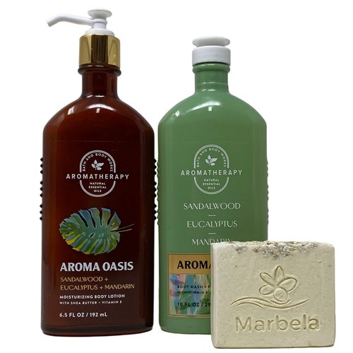 Bath & Body Works Aromatherapy Oasis Sandalwood Eucalyptus Mandarin Gift Set Moisturizing Body Lotion -Body Wash Foam Bath, with Natural Oats Artisan Bar Soap - Full Size.