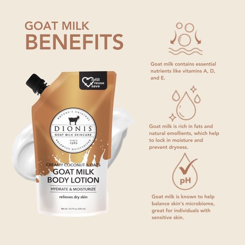 Dionis Goat Milk Skincare Body Lotion 20oz Refill Pouch, Cruelty Free Clean Ingredients & Dermatologist Tested Lotion for Dry Skin, Hydrating & Deeply Moisturizing Rich in Vitamins, CreamyCoconut&Oats