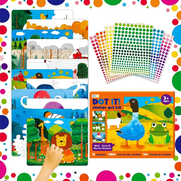 Dot It Sticker Art Activity, 6 Double-Sided Canvases (12 Scenes) with Wild/Marine/Farm Animals Plus 5180 Colorful Stickers, Dot Coloring Stickers for Boys & Girls DIY Activity Craft kit