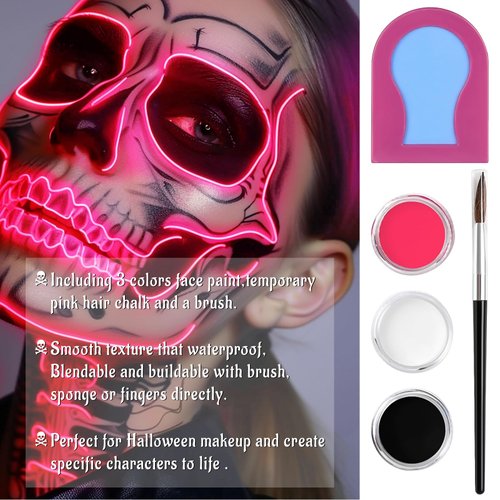 Halloween Makeup Kit with Tri-Color Face Paint, Pink Hair Chalk & Brush, Black White Neon Pink Body Painting Cream for Special Effects Theater SFX Costume Cosplay Skeleton Skull Character Makeup