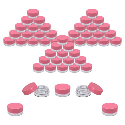 Houseables 3 Gram Jar, 3 ML, Pink, 50 Pk, BPA Free, Cosmetic Sample Empty Container, Plastic, Round Pot, Screw Cap Lid, Small Tiny 3g Bottle, for Make Up, Eye Shadow, Nails, Powder, Paint, Jewelry