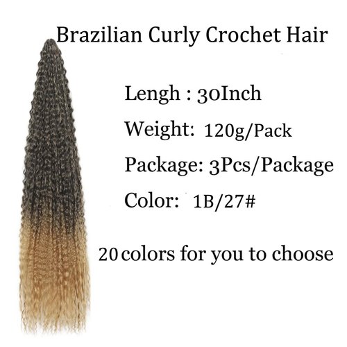 Brazilian Curly Braids Crochet Twist Hair 30inches 3Packs Afro Kinky Curly Braiding Hair Extensions Deep Curly Crochet Hair Synthetic Water Wave Braid Hair(30Inch,1BT27#)