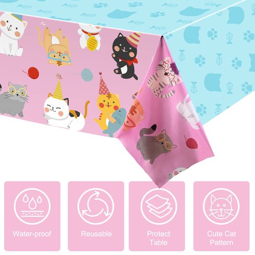 3 PCS Cat Tablecloth for Birthday Party Cat Themed Table Cover Decorations Cat Birthday Party Supplies Pink Tablecloth Kitten Decorations for Kids and Pet Birthday 54 x 108 Inch