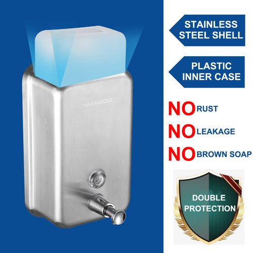 VANNSOO Commercial Wall Mount Stainless Steel Soap Dispenser, Corrosion Proof Lining Liquid Hand Sanitizer Dispenser Bathroom 1100ml / 37oz. (Vertical)