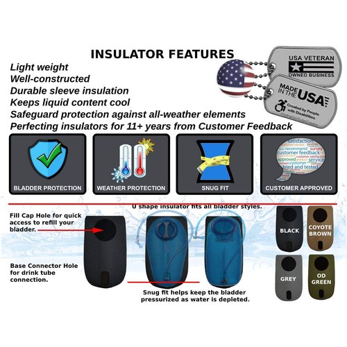 Hydration Tube Covers Bladder Insulators are Compatible with Camelbak Reservoir Water Bladder. Will fit MIL Spec Antidote and Crux