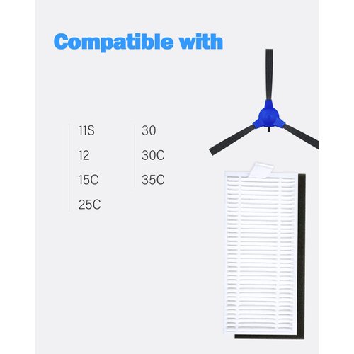 Replacement Parts Filters Side Brushes for Eufy RoboVac 11S, Eufy 25C, Eufy 30, Eufy 30C, Eufy 35C, Eufy Robovac 15C, 12, Robot Vacuum Eufy, Eufy Replacement Parts, 6 Set Filters and 6 Side Brushes