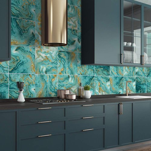 funlife 50Pcs Peel and Stick Kitchen Backsplash, Self-Adhesive Waterproof Tile Stickers, Retro Wall Decals for Home Bathroom Laundry Room Decor, 5.9"x5.9" Turquoise Marble
