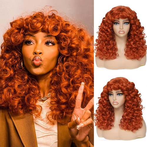 GKtineke-Curly-Wig Big-Curly-Wigs-for-White-Black-Women 20 Inch- Long-Curly-Afro-Wig-with-Bangs Synthetic-Hair-Replacement-Wigs-for- Cosplay and Daily(Ginger，Copper
