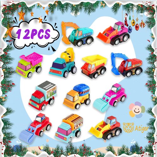Stocking Stuffers for Toddlers Kids - Atiger 12 Pcs Pull Back Cars Truck Vehicles Set for Boys Girls, Mini Assorted Construction Vehicle Toy, Colorful Party Favors, Preschool Kid Presents Toys
