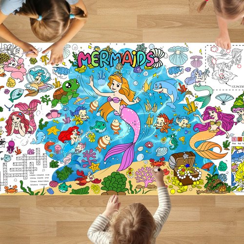 PADTIC Giant Coloring Poster,35x72 inches Mermaids Coloring Tablecloth,DIY Mermaids Coloring Tablecover,Art Crafts Coloring Poster,Drawing Coloring Sheet,Coloring Table Cover for Kids Party Supplies