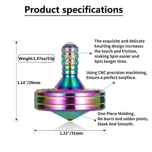 LOQATIDIS Precision Metal Spinning Top, The Easiest to Spin, Long Spin time Exceed 8 Mins, Support Handstand Rotation, Kill Time Relief Stress ADHD Anti-Anxiety Fidget Toys (L, Colorful)