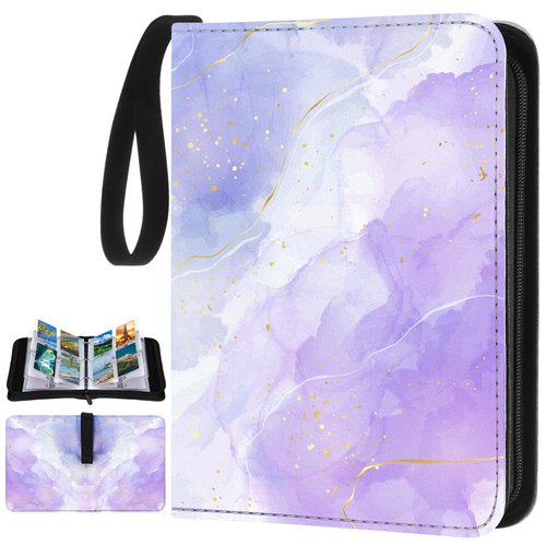 Humyoun Card Binder 4 Pocket PU Waterproof Trading Card Binder for 400 Cards Watercolor Rainbow Portable Card Album Holder with Zipper Wristband Card Organizer for Girls Christmas Gifts(Purple)